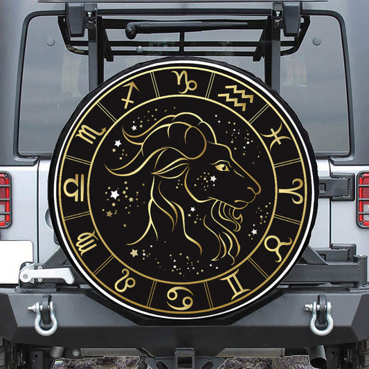 Gold And Black Capricorn Sign Print Tire Cover