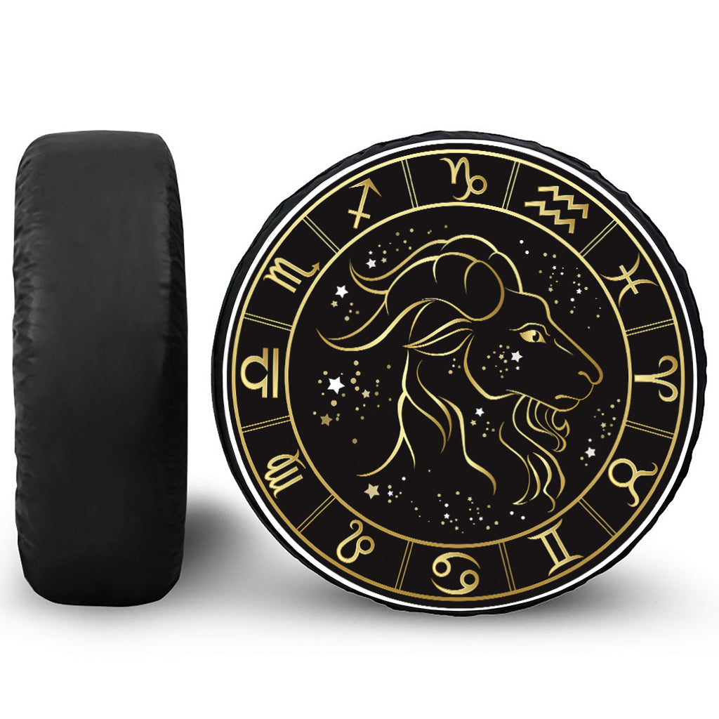Gold And Black Capricorn Sign Print Tire Cover