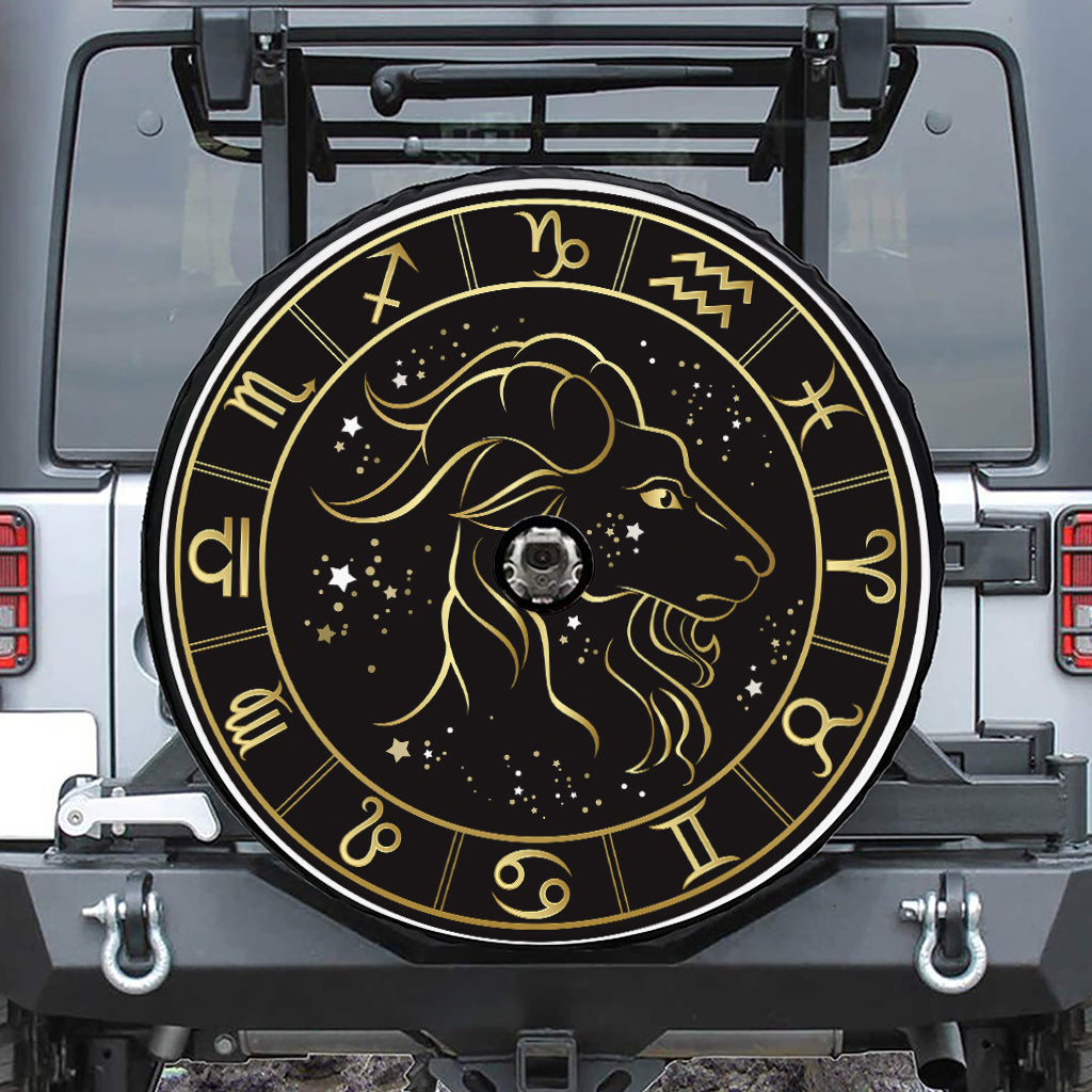 Gold And Black Capricorn Sign Print Tire Cover With Camera Hole