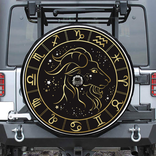 Gold And Black Capricorn Sign Print Tire Cover With Camera Hole