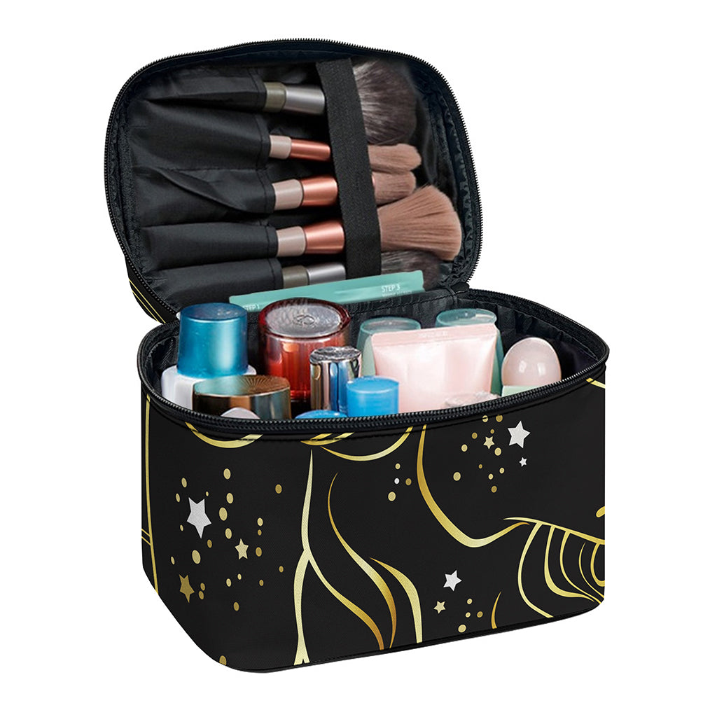 Gold And Black Capricorn Sign Print Travel Makeup Bag