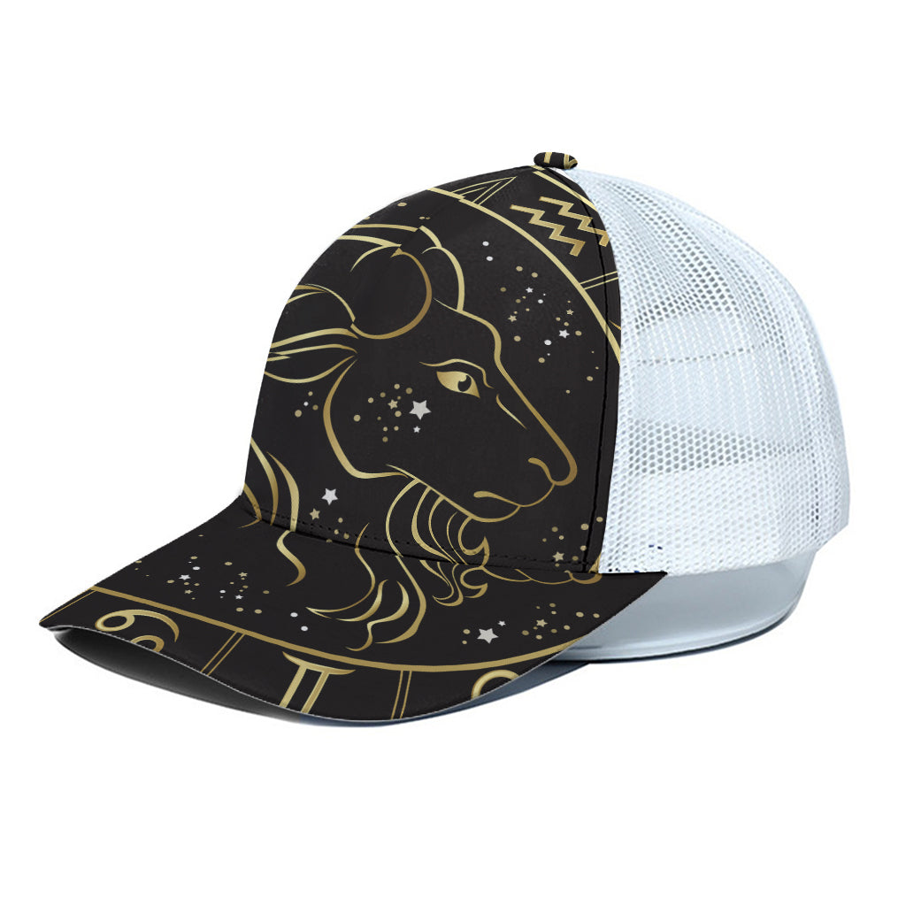 Gold And Black Capricorn Sign Print White Mesh Trucker Cap