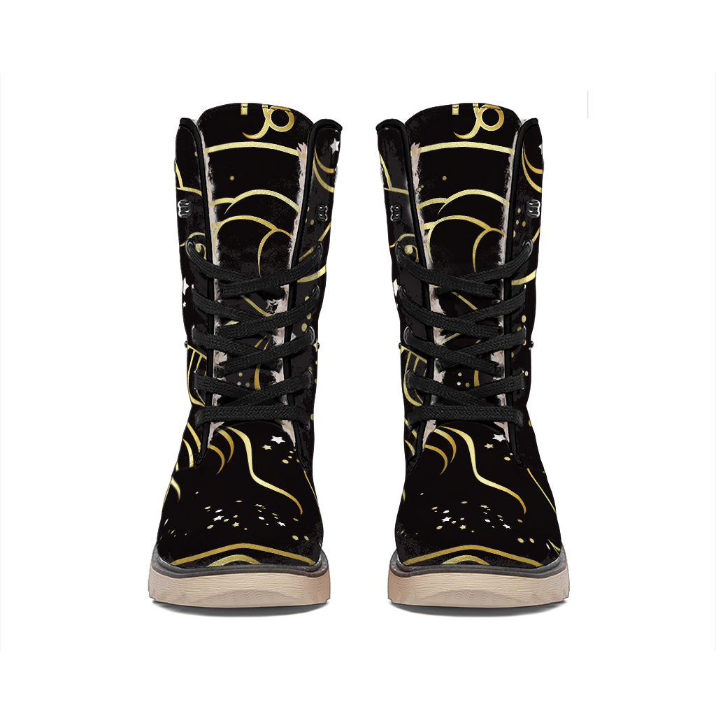 Gold And Black Capricorn Sign Print Winter Boots