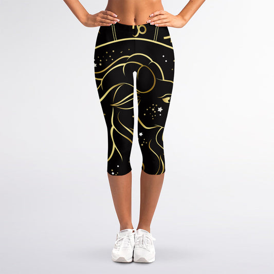 Gold And Black Capricorn Sign Print Women's Capri Leggings