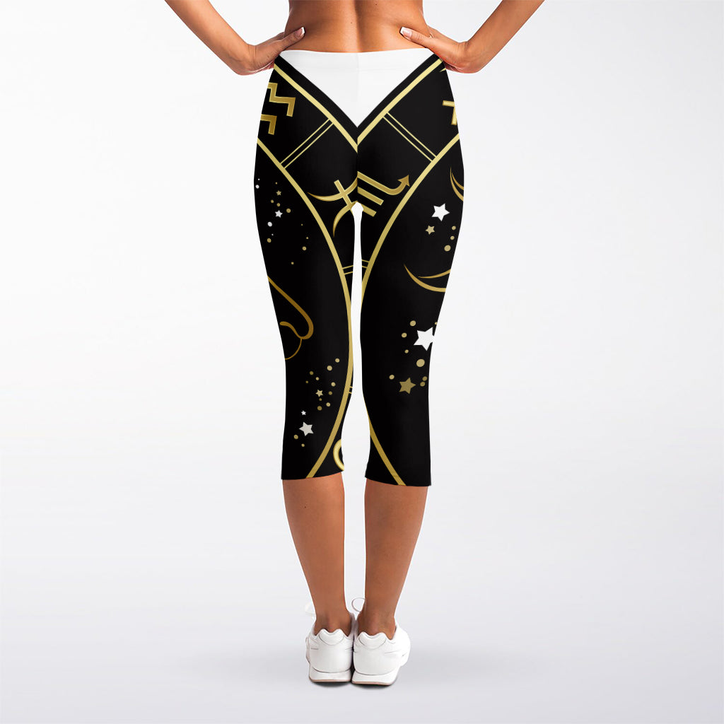 Gold And Black Capricorn Sign Print Women's Capri Leggings