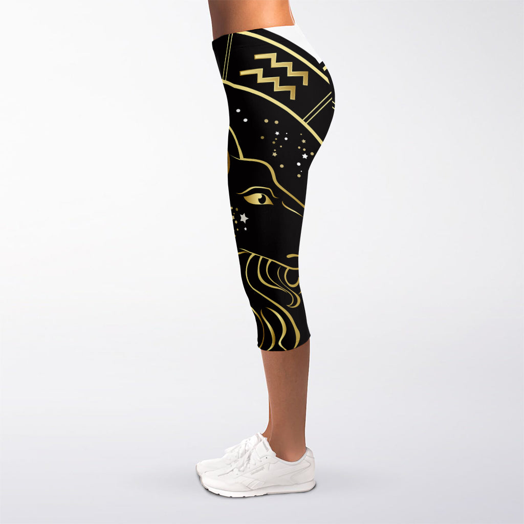 Gold And Black Capricorn Sign Print Women's Capri Leggings