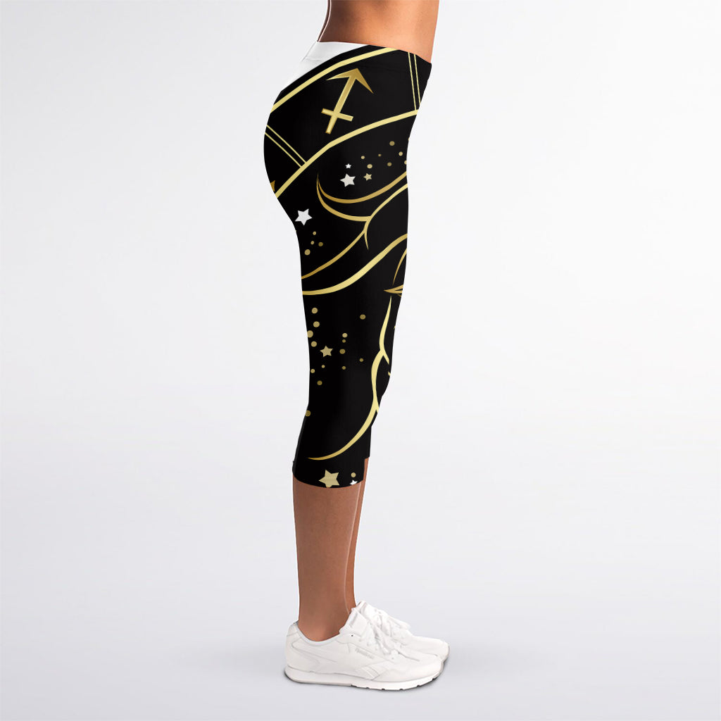 Gold And Black Capricorn Sign Print Women's Capri Leggings