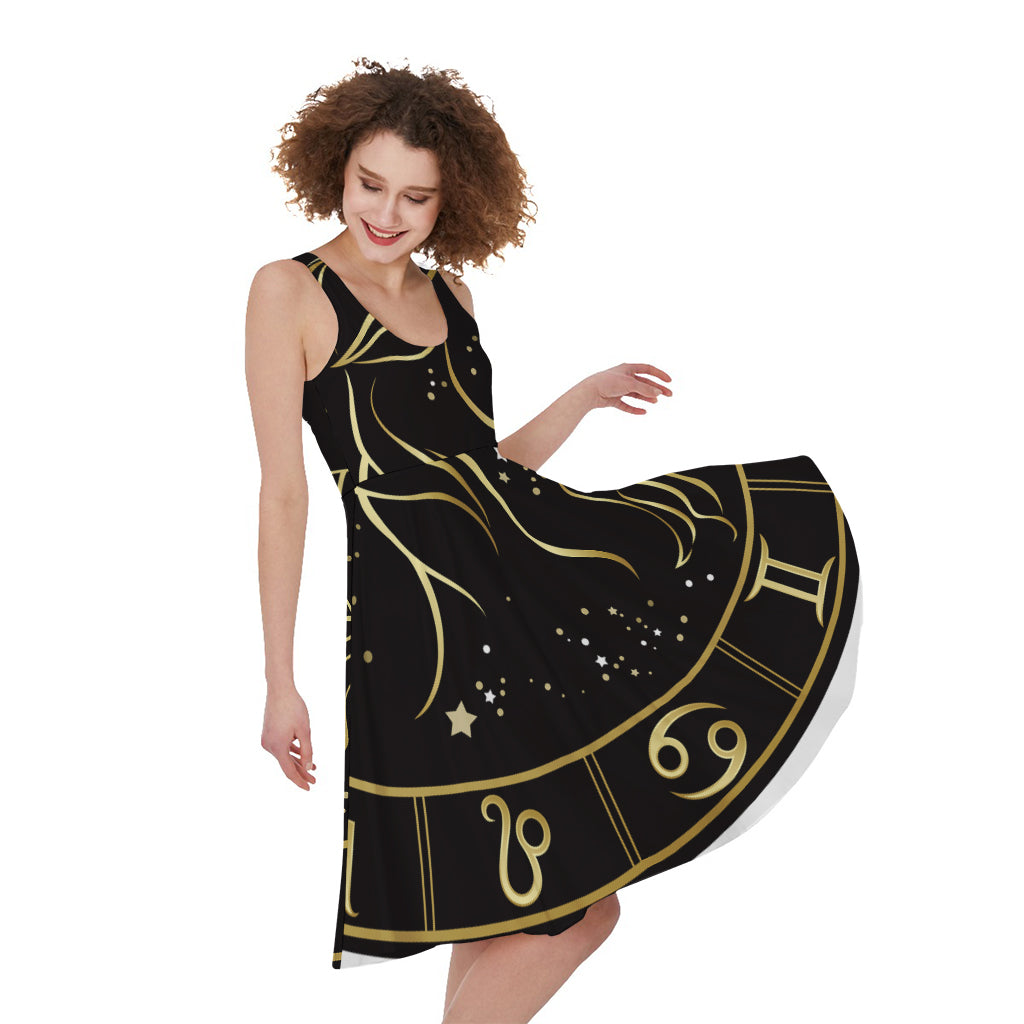 Gold And Black Capricorn Sign Print Women's Sleeveless Dress