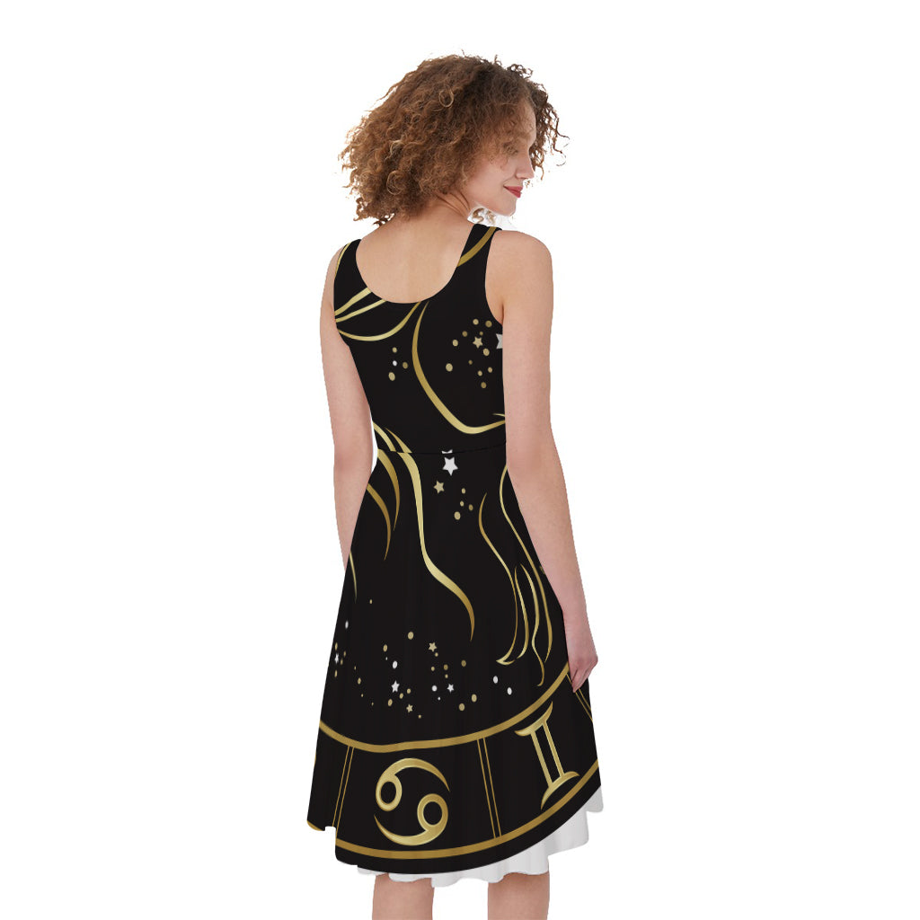 Gold And Black Capricorn Sign Print Women's Sleeveless Dress