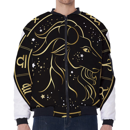 Gold And Black Capricorn Sign Print Zip Sleeve Bomber Jacket