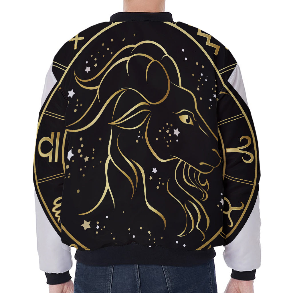 Gold And Black Capricorn Sign Print Zip Sleeve Bomber Jacket