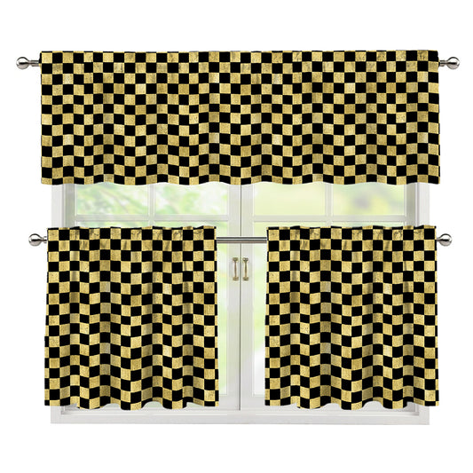 Gold And Black Checkered Pattern Print 3 Piece Kitchen Curtains