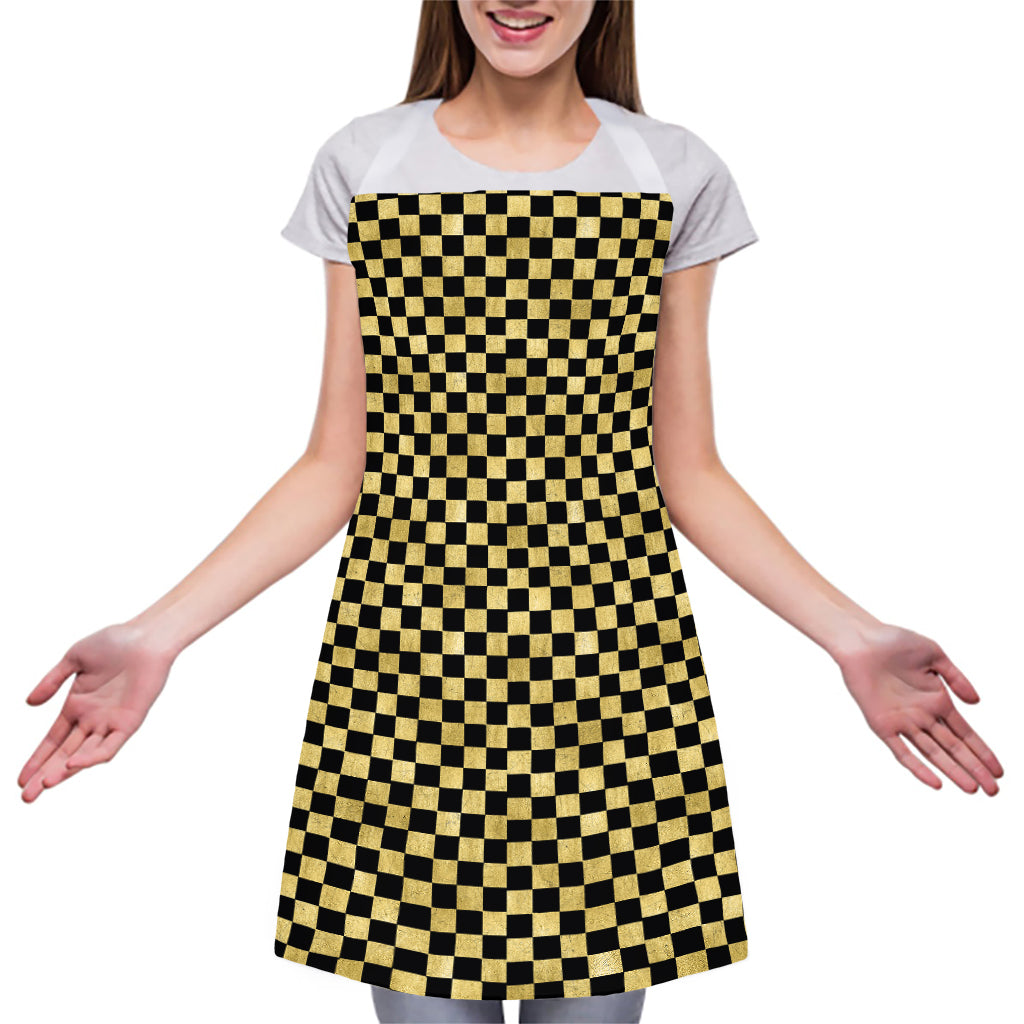 Gold And Black Checkered Pattern Print Adjustable Apron