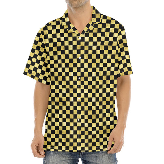 Gold And Black Checkered Pattern Print Aloha Shirt