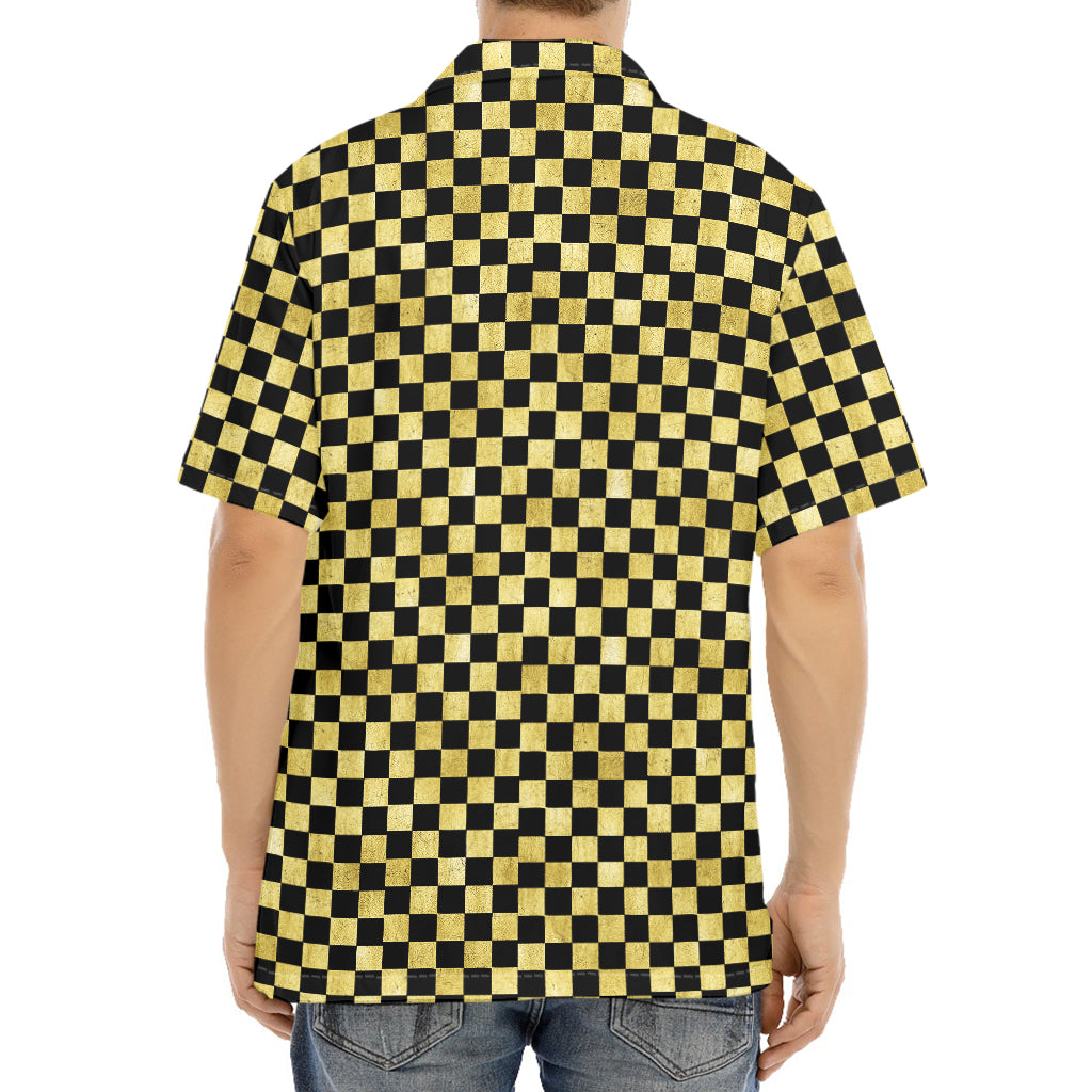 Gold And Black Checkered Pattern Print Aloha Shirt