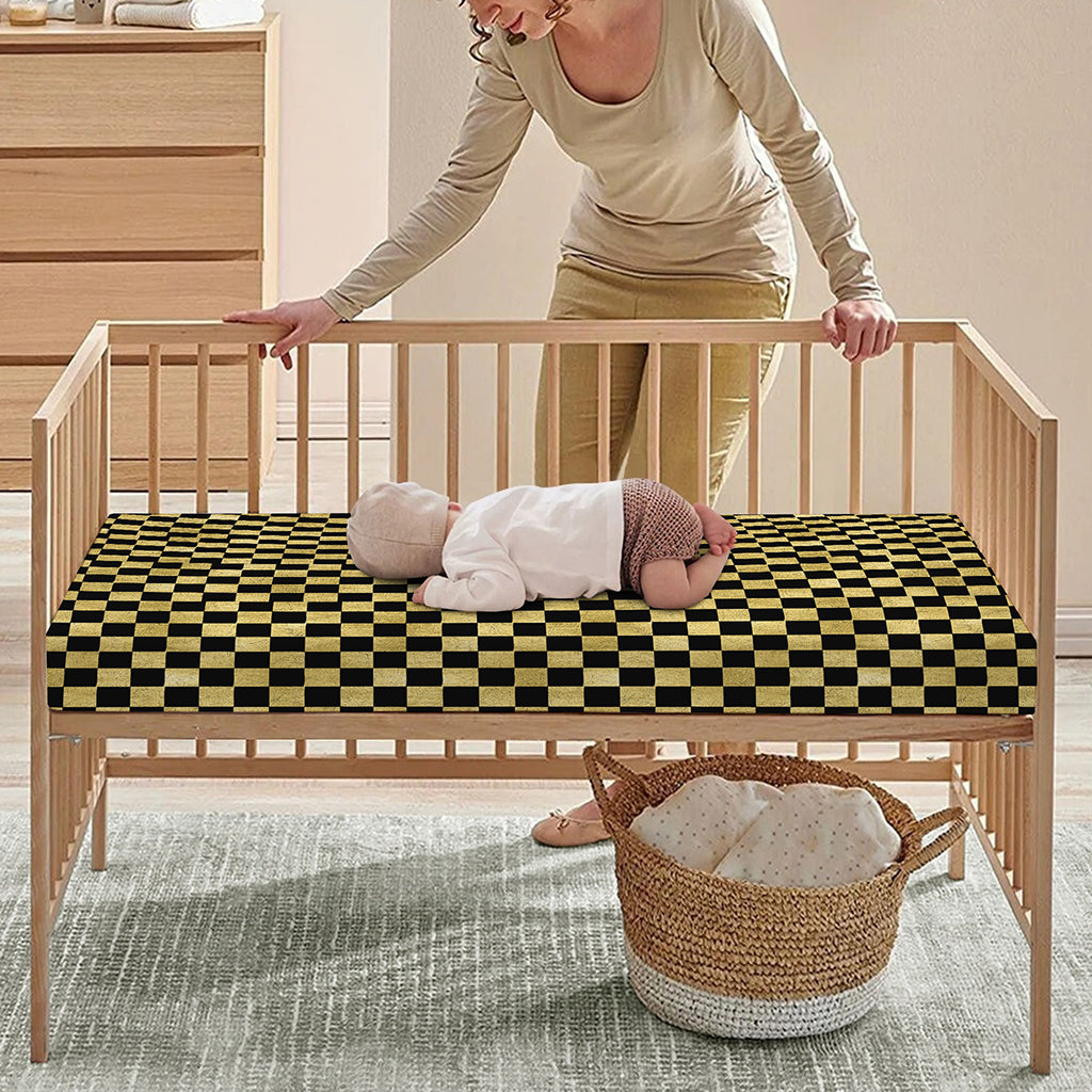 Gold And Black Checkered Pattern Print Baby Crib Sheet
