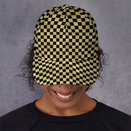Gold And Black Checkered Pattern Print Baseball Cap