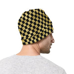Gold And Black Checkered Pattern Print Beanie