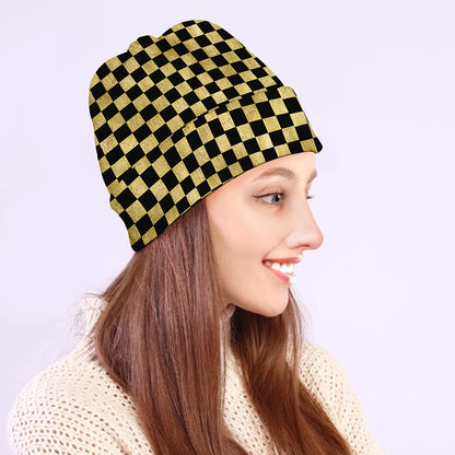 Gold And Black Checkered Pattern Print Beanie