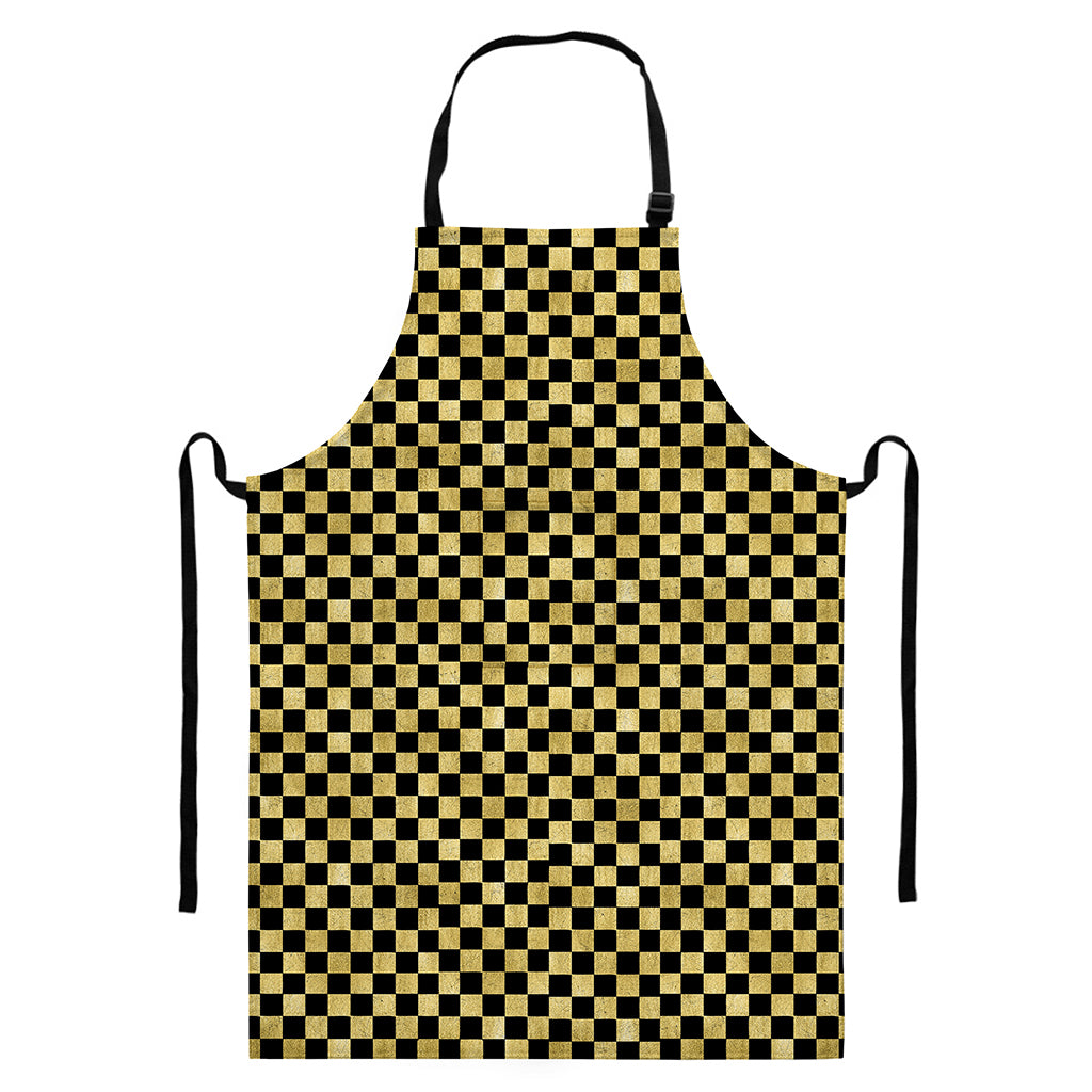 Gold And Black Checkered Pattern Print Bib Apron With Pocket