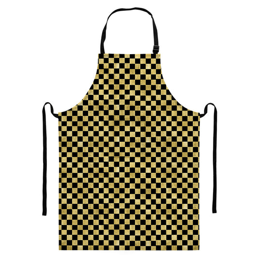 Gold And Black Checkered Pattern Print Bib Apron With Pocket