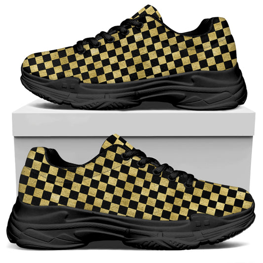 Gold And Black Checkered Pattern Print Black Chunky Shoes