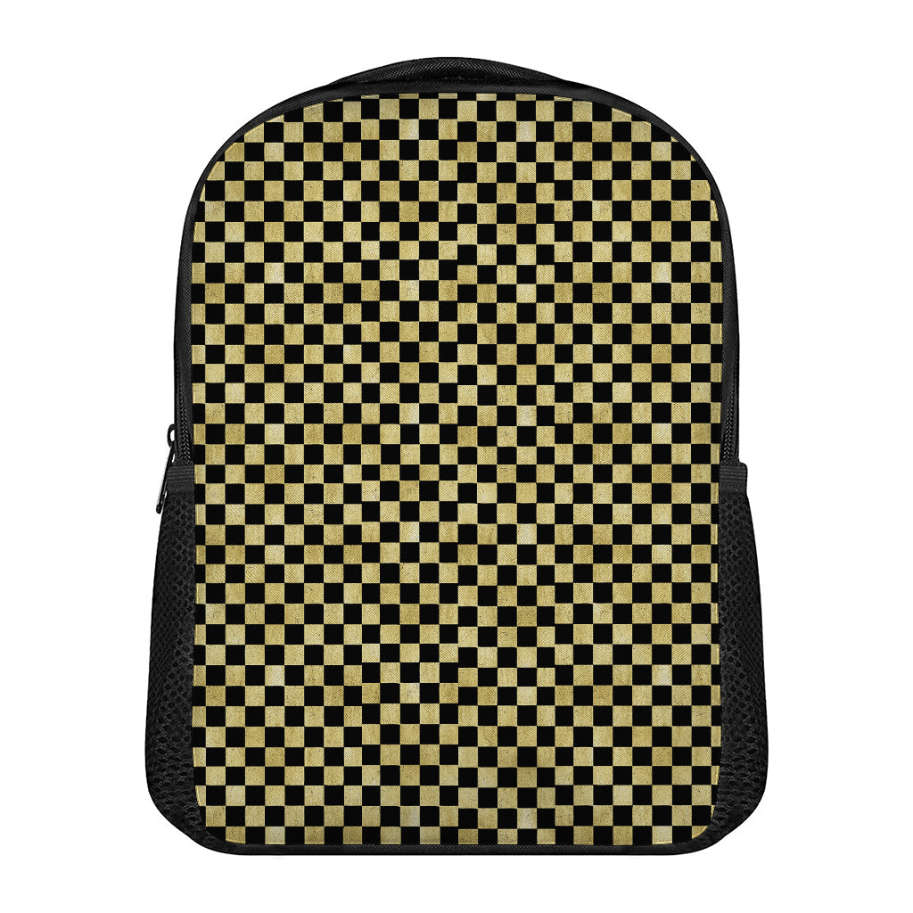 Gold And Black Checkered Pattern Print Casual Backpack