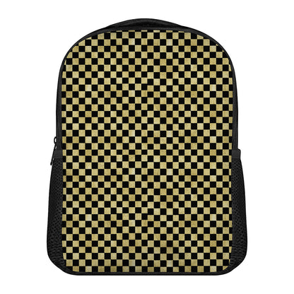 Gold And Black Checkered Pattern Print Casual Backpack