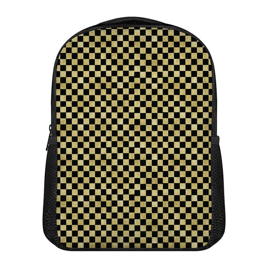 Gold And Black Checkered Pattern Print Casual Backpack