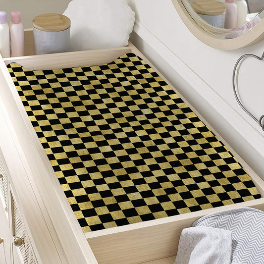Gold And Black Checkered Pattern Print Changing Pad Cover