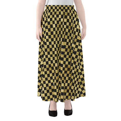 Gold And Black Checkered Pattern Print Chiffon Maxi Skirt