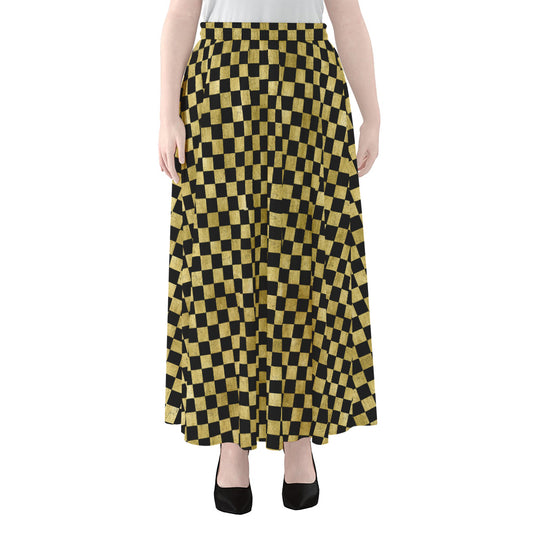 Gold And Black Checkered Pattern Print Chiffon Maxi Skirt