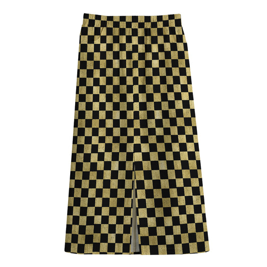 Gold And Black Checkered Pattern Print Cotton Front Slit Maxi Skirt