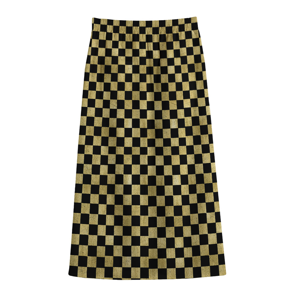 Gold And Black Checkered Pattern Print Cotton Front Slit Maxi Skirt