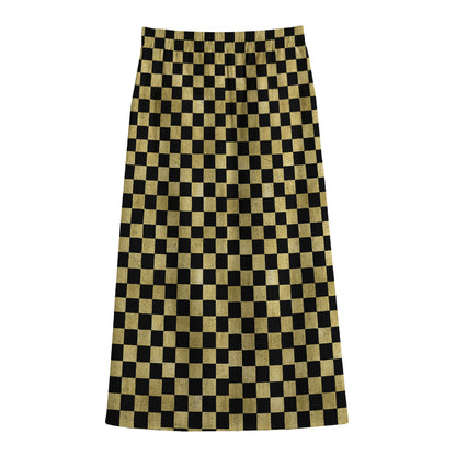 Gold And Black Checkered Pattern Print Cotton Front Slit Maxi Skirt