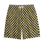 Gold And Black Checkered Pattern Print Cotton Shorts