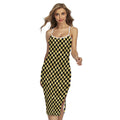 Gold And Black Checkered Pattern Print Cross Back Cami Dress