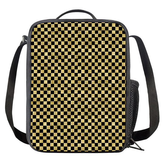 Gold And Black Checkered Pattern Print Crossbody Lunch Bag