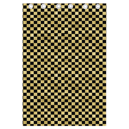 Gold And Black Checkered Pattern Print Curtain