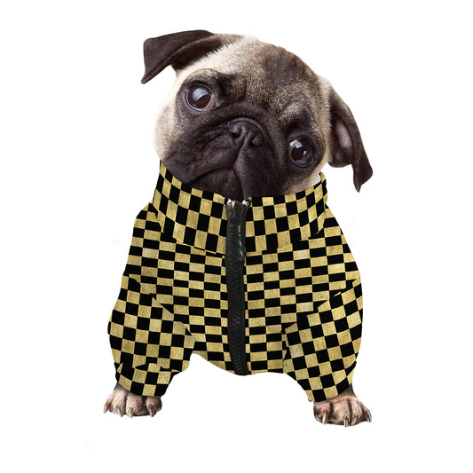 Gold And Black Checkered Pattern Print Dog Zip Up Jacket