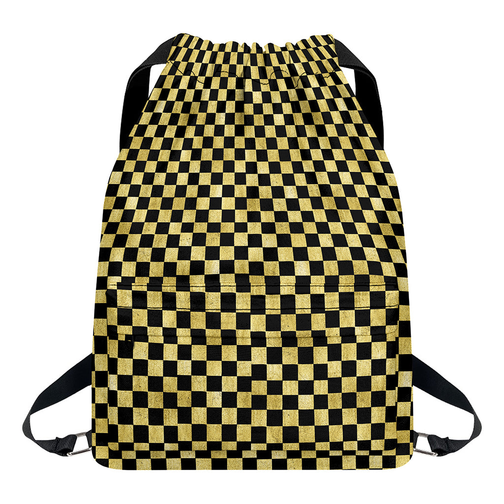 Gold And Black Checkered Pattern Print Drawstring Backpack