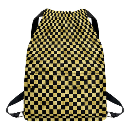 Gold And Black Checkered Pattern Print Drawstring Backpack