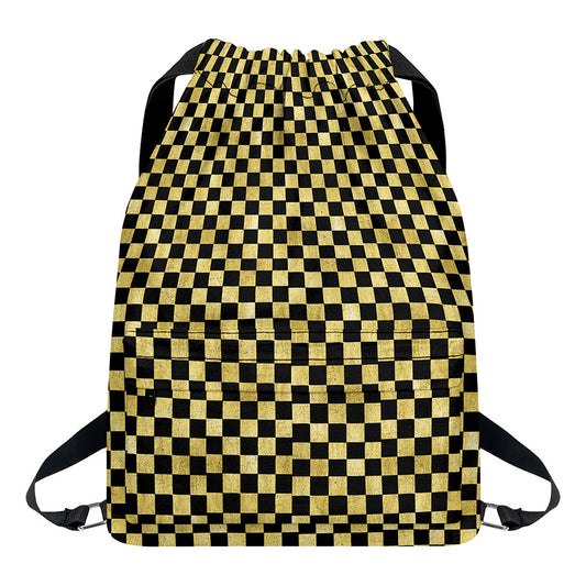Gold And Black Checkered Pattern Print Drawstring Backpack
