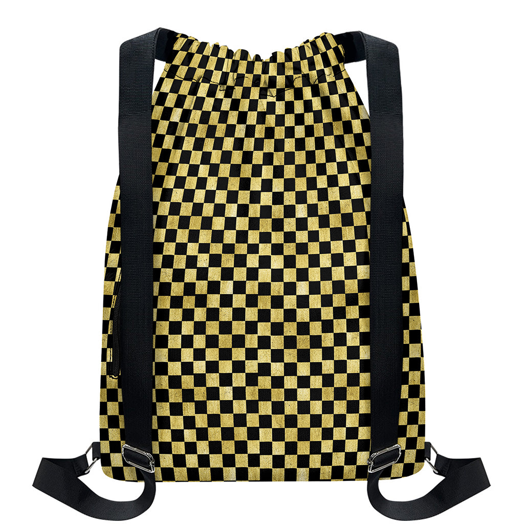 Gold And Black Checkered Pattern Print Drawstring Backpack