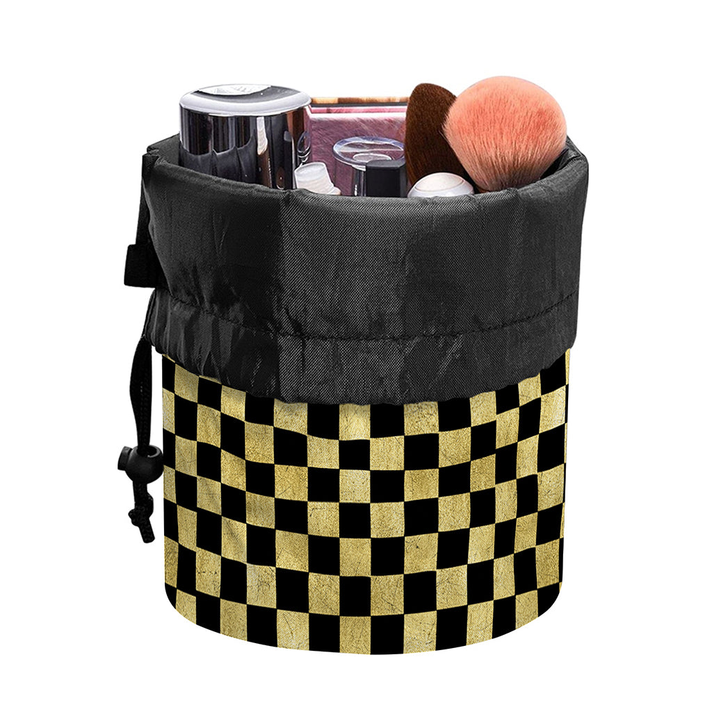 Gold And Black Checkered Pattern Print Drawstring Makeup Bag