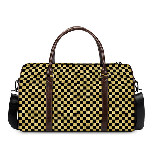 Gold And Black Checkered Pattern Print Duffle Bag