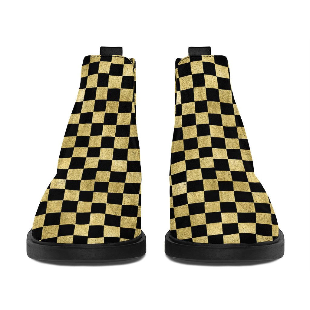 Gold And Black Checkered Pattern Print Flat Ankle Boots