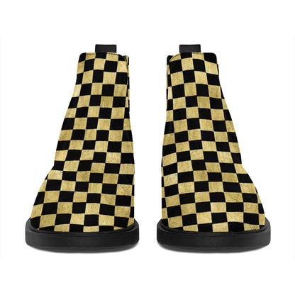 Gold And Black Checkered Pattern Print Flat Ankle Boots