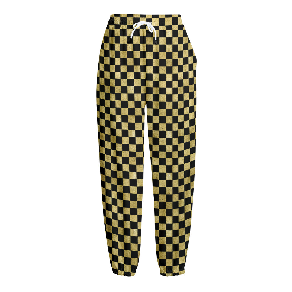 Gold And Black Checkered Pattern Print Fleece Lined Knit Pants