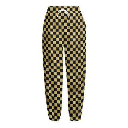 Gold And Black Checkered Pattern Print Fleece Lined Knit Pants